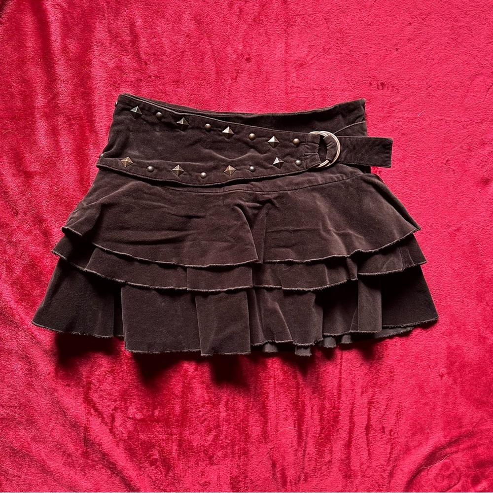 Morgan De Toi Brown Velvet Cowgirl Fairy Tiered Mini Skirt Studded Belt Ruffles